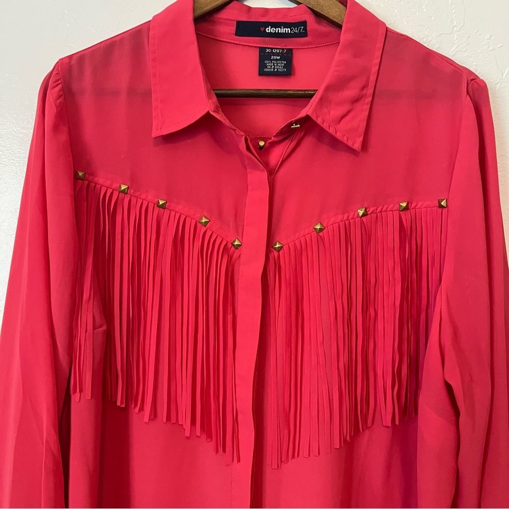 Denim 24/7 -Vibrant Pink Fringe Sheer buttonBlouse Size 20 NWOT Western Cottage